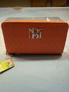 Badgley Mischka Orange Chevron Quilted Zip Wallet with Silver BM Logo